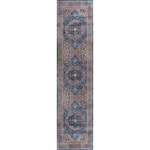 Alacati Ogee Medallion Machine-Washable Navy/Brown 2 ft. x 8 ft. Runner Rug