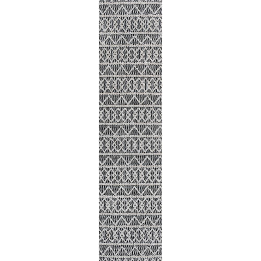 Aylan Black/Ivory Geometric High-Low Pile Synthetic Indoor/Outdoor Rug