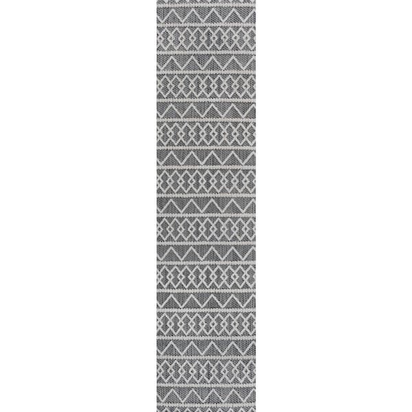 Aylan Black/Ivory 2 ft. x 8 ft. High-Low Pile Knotted Trellis Geometric Indoor/Outdoor Runner Rug
