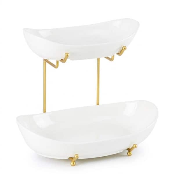 2 Tier Ceramic Fruit Bowl with Gold and White Finish for Kitchen Countertop, Large Multi-Layered Fruit