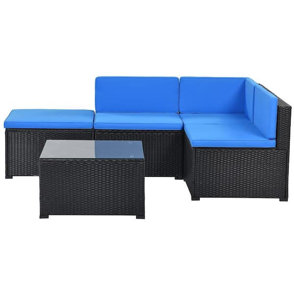 DIRECT WICKER Florence Black 5-Piece Wicker Patio Conversation Sectional Seating Set with Blue Cushions