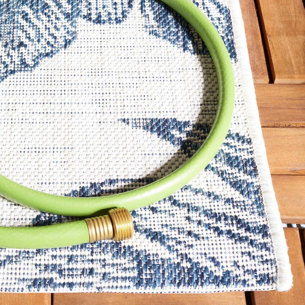 Ivory and Navy Square Botanical Indoor/Outdoor Rug