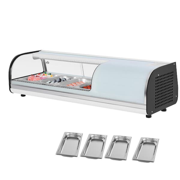 Sushi Display Case Refrigerator, 1.5 cu. ft. Black Commercial Sushi Case, 4-Pan Countertop Showcase 2025 Update