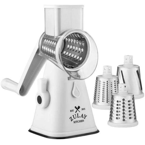 Zulay Kitchen Cheese Grater Hand Crank with 3 Replaceable Stainless-Steel Blades - White