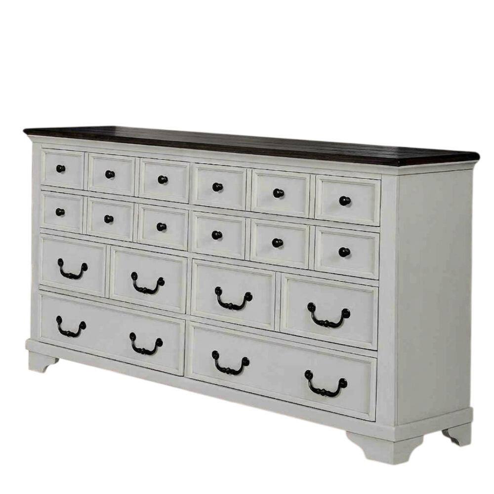 Three-quarter view of a white and dark brown 8-drawer dresser.