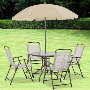 Beige 6-Piece Steel Outdoor Patio Dining Set for 4 with Umbrella, Round Glass Table and Folding Dining Chairs for Garden