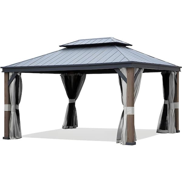 Unbranded 12 ft. x 16 ft. Grey Aluminum Wood-Grain Hardtop Gazebo with Double-Vented Top, Curtains for Patio Backyard