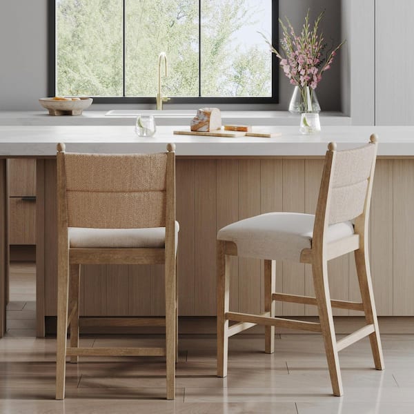 Cove 2-Pack Light Brown Bohemian Solid Wood Upholstered Bar Stool with Natural Falx Cushion and Seagrass Backrest