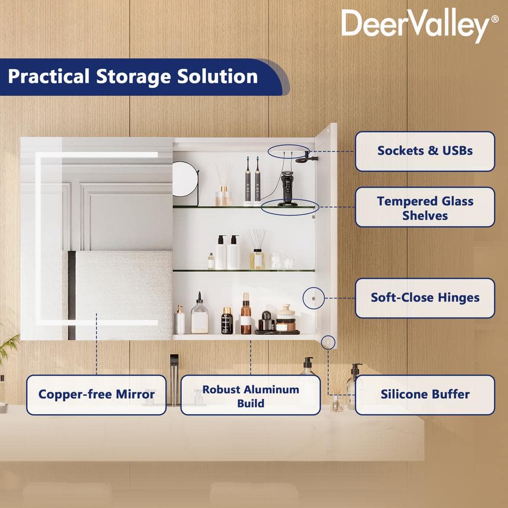 48'' Wide White LED Wall Mounted Medicine Cabinet with Mirror