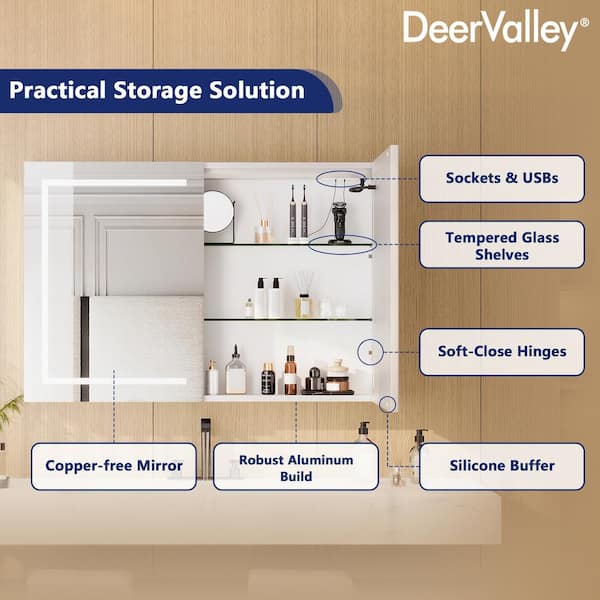 DEERVALLEY 48 in. W x 32 in. H Rectangular Silver Aluminum Surface LED Light Medicine Cabinet with Mirror, Anti-Fog, Double Doors