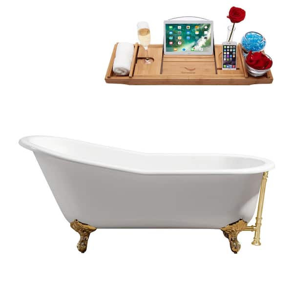 Streamline 66.9 in. Cast Iron Clawfoot Non-Whirlpool Bathtub in Glossy White with Polished Gold Drain And Polished Gold Clawfeet