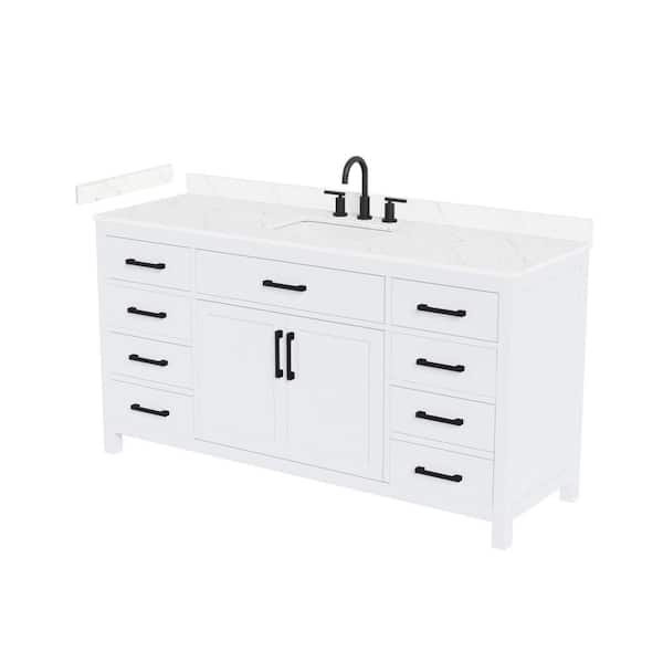 Beckett 66 in. Single Freestanding White Bath Vanity with Carrara Cultured Marble Top