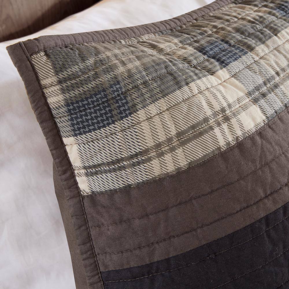 Full Brown Cotton Reversible Quilt Set with Plaid Stripes