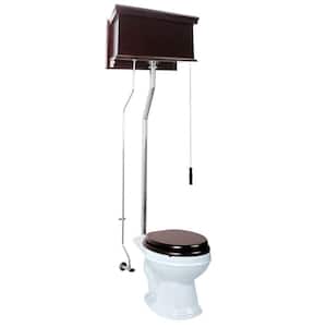High Tank Toilet 2-Piece 1.6 GPF Single Flush Round Bowl in White with Dark Oak Tank and Chrome Rear Entry Pipes