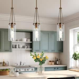 Modern Brass Pendant Light 1-Light Cylinder Drum Mini Pendant Light with Hammered Glass Shade for Kitchen, Dining Room