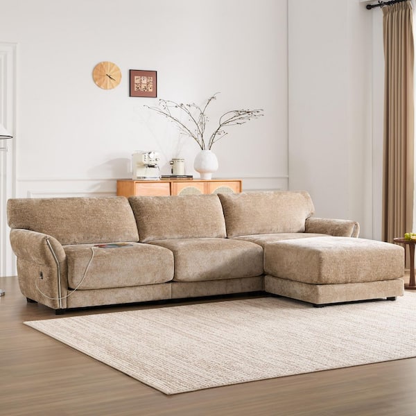 110 in. Extra-Wide Chenille L-Shape Modular Sectional Sofa in Khaki with USB and Type-C Charger Free Movement Ottoman