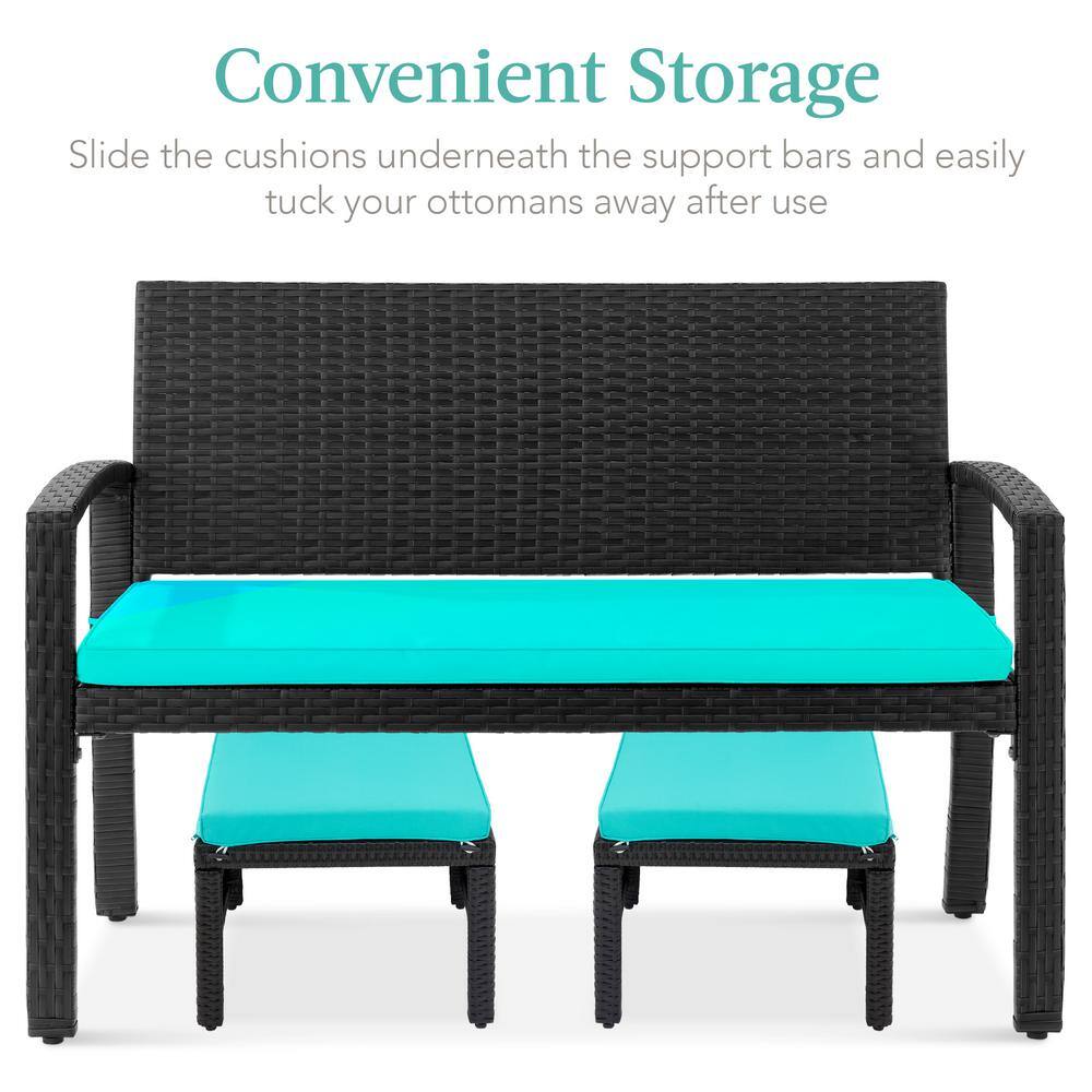 Patio Wicker Ottomans with Removable Cushions and Steel Frame - Black/Teal