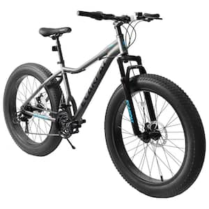 26 in. Fat Tires Mountain Bike w/4 in. Wide Wheel, 21-Speed Disc Brakes,Carbon Steel Frame,85% Pre-Assembled Bike,Gray