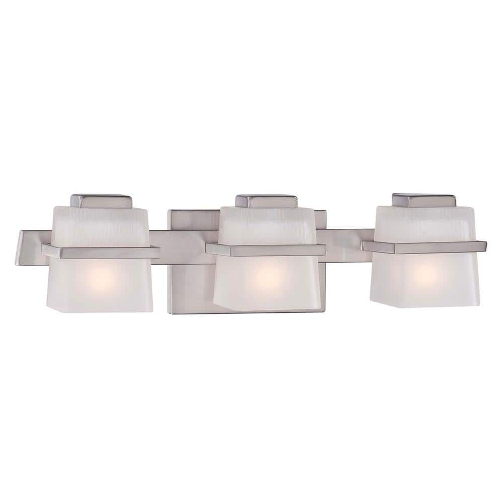 Hampton Bay Harlin Hills 3 Light Brushed Nickel Vanity Light With Etched Glass Shades 15303 The Home Depot