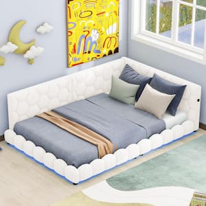 White Wood Frame Full Size Teddy Fleece Upholstered Platform Bed, Daybed with USB Ports, LED Strips