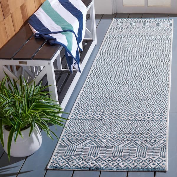 Courtyard 2 ft. x 8 ft. Ivory/Aqua Geometric Indoor/Outdoor Runner Rug