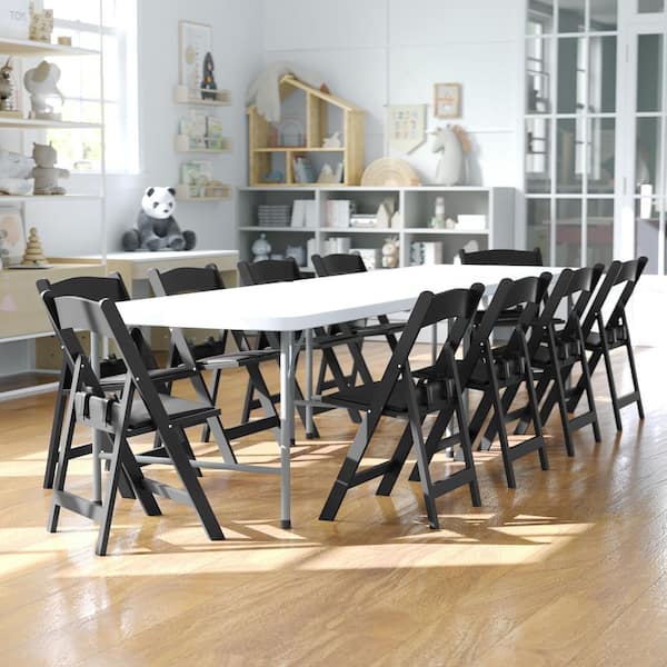 Hercules Black Resin Folding Kids Dining Chair Black Vinyl Padded Seat (Set of 10)