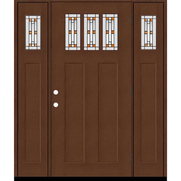 Steves & Sons Regency 64 in. x 80 in. 3Lite Amberton Deco Glass LHOS Chestnut Stain Fir Fiberglass Prehung Front Door w/Dbl 12in.SL