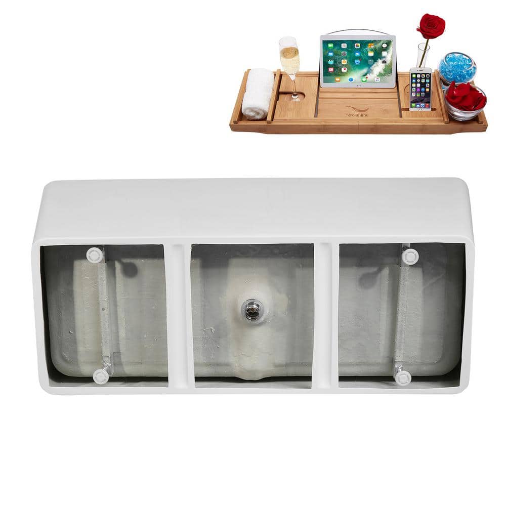 59" Glossy White Acrylic Freestanding Soaking Bathtub with Bamboo Tray