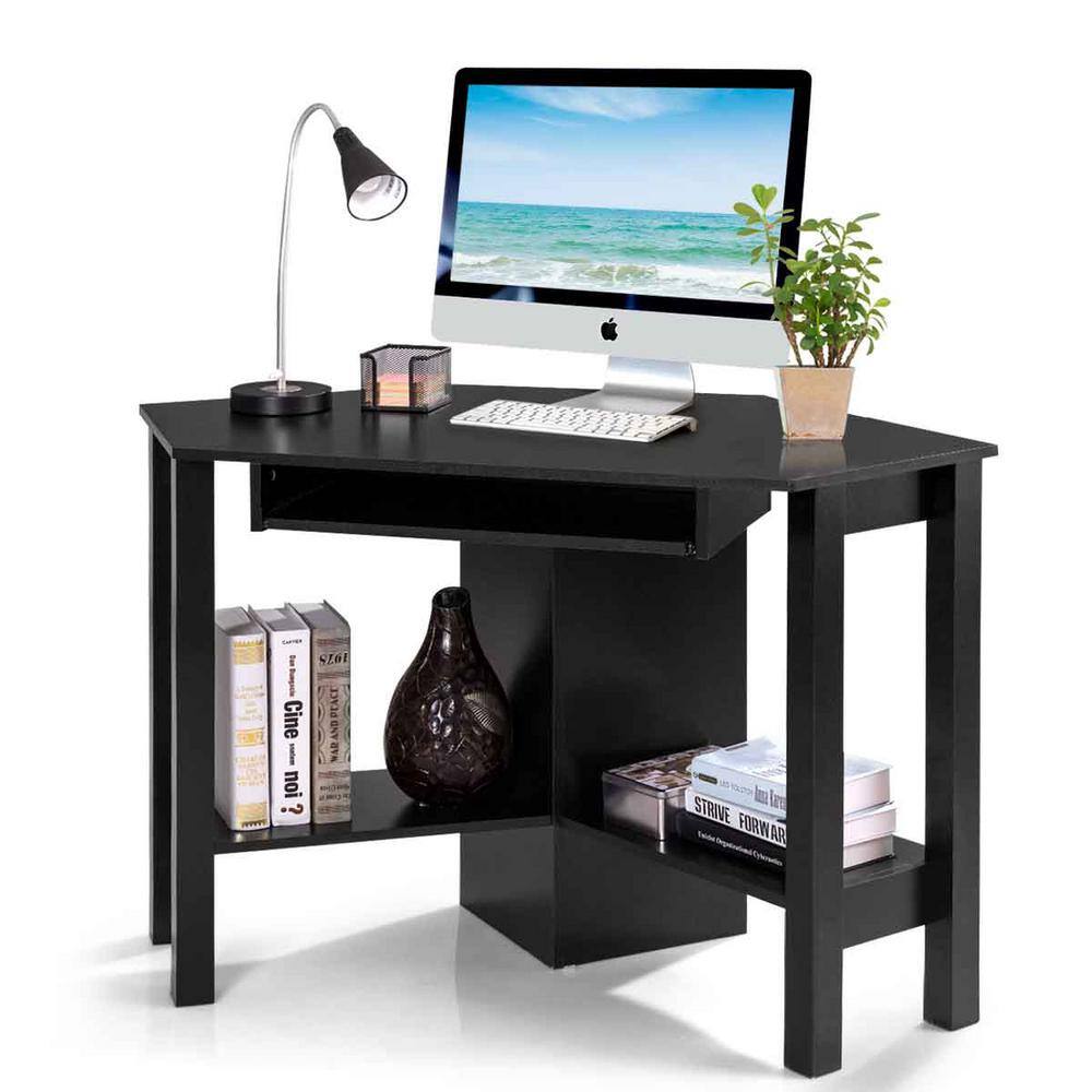 Black Wooden Corner Desk with Drawer and Keyboard Tray