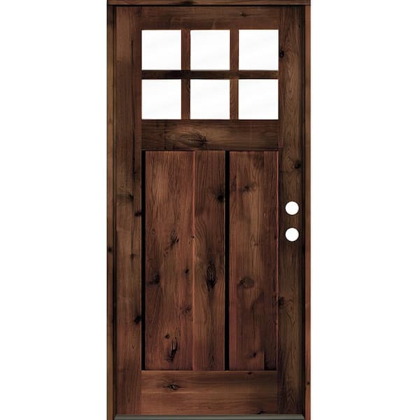 Krosswood Doors 32 in. x 80 in. Craftsman Knotty Alder Left-Hand/Inswing 6 Lite Clear Glass Red Mahogany Stain Wood Prehung Front Door