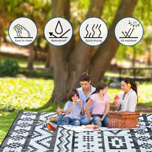 Black and White 9 ft. x12 ft. Plastic Geometry Indoor/Outdoor Patio Area Garden Stool Rug