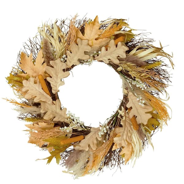 24 in. Autumn Harvest Cattail and Wheat Artificial Thanksgiving Wreath - Unlit
