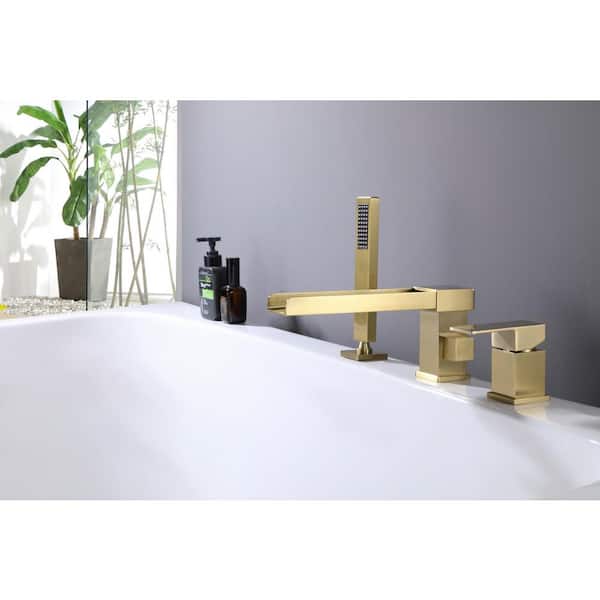 1-Handle Deck Mounted Roman Tub Faucet 3-Hole Waterfall Bathtub Filler Faucet with Hand Shower in Brushed Gold