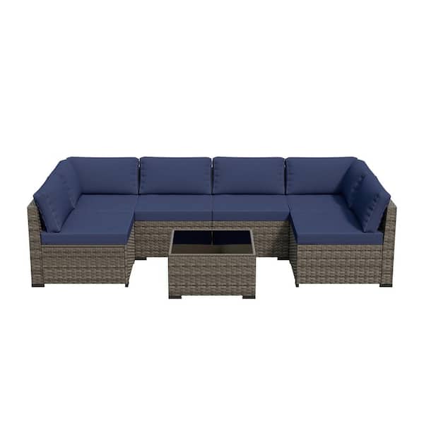 7-Piece Steel Plastic Rattan Wicker Outdoor Patio Conversation Seating Set Coffee Table with Blue Cushions