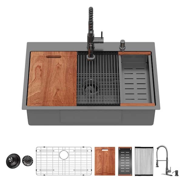 36 in. Drop-in Single Bowl 16-Gauge Gunmetal Black Stainless Steel Workstation Kitchen Sink with Faucet and Bottom Grid