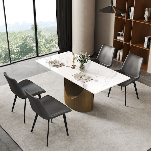 White Rectangular Sintered Stone 62.99 in. W Pedestal Dining Table Seats-6
