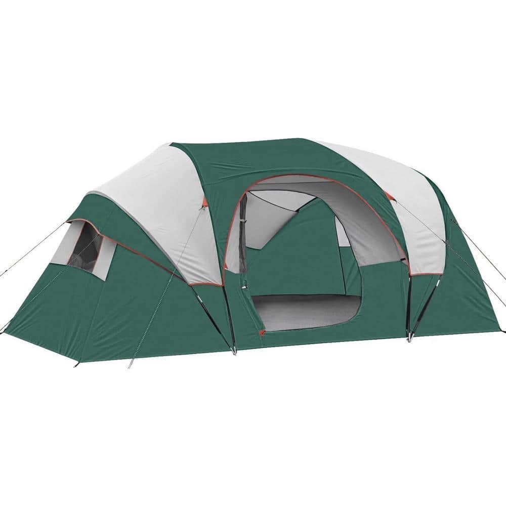 Zeus & Ruta 14 ft. x 11 ft. Dark Green Steel 10-Person Outdoor Camping Tent with Windproof Fabric Cabin for Backpacking, Traveling