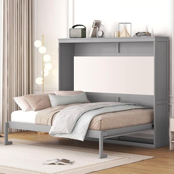 Harper & Bright Designs Gray Wood Frame Queen Size Murphy Bed Cabinet Bed with Safety Lock Mechanism