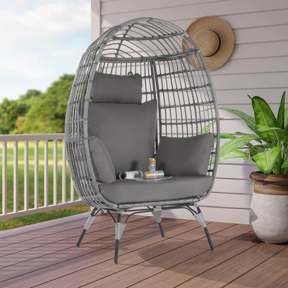 Oversized Outdoor Gray Rattan Egg Chair Patio Chaise Lounge Indoor Living R