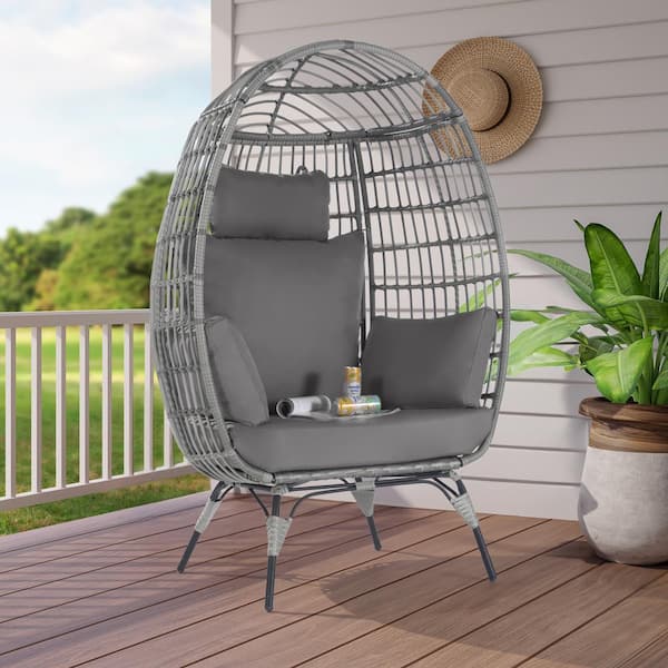 SANSTAR Oversized Outdoor Gray Rattan Egg Chair Patio Chaise Lounge Indoor Living Room Basket Chair with Gray Cushion