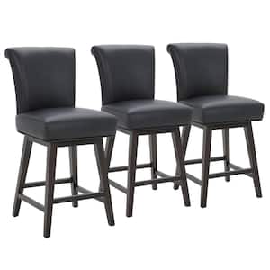 Dennis 26 in. Black High Back Solid Wood Frame Swivel Counter Height Bar Stool with Faux Leather Seat(Set of 3)