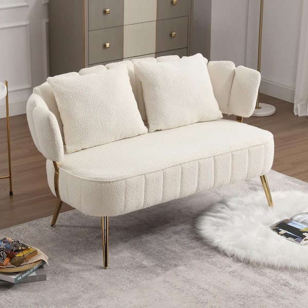 HOMEFUN 52 in. Modern Upholstered White Boucle Fabric 2-Seater Loveseat with Metal Legs and Pillows