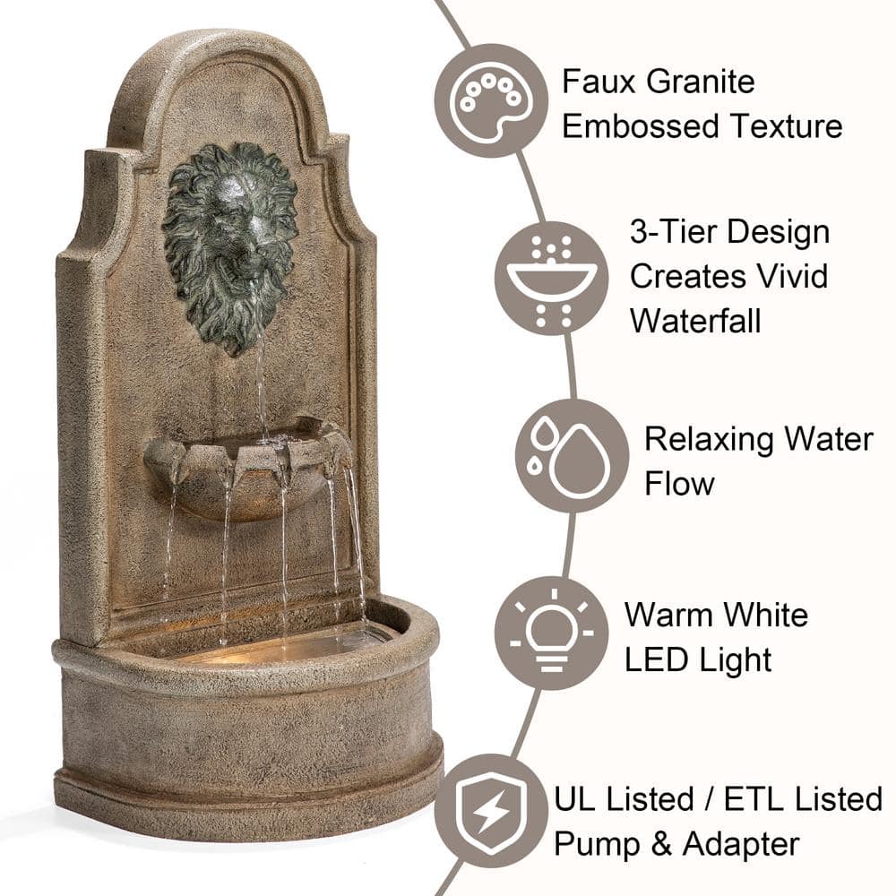 Oversized Faux Granite Lion Head Polyresin Outdoor Fountain with LED Light
