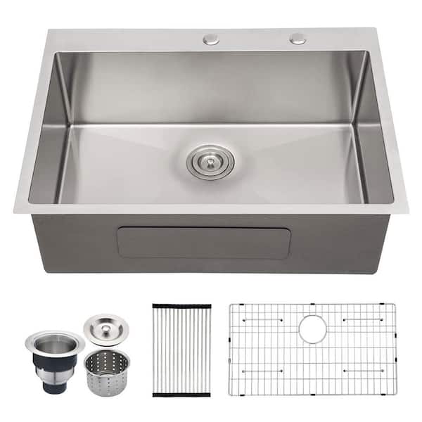 YSQCAR 30 in x 22 in Drop-in Single Bowl Brushed Nickel Stainless Steel Kitchen Sink with Bottom Grid and Basket Strainer