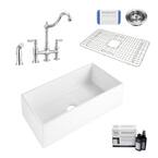 Harper All-in-One Farmhouse Apron Front Fireclay 36 in. Single Bowl Kitchen Sink with Pfister Bridge Faucet in Chrome