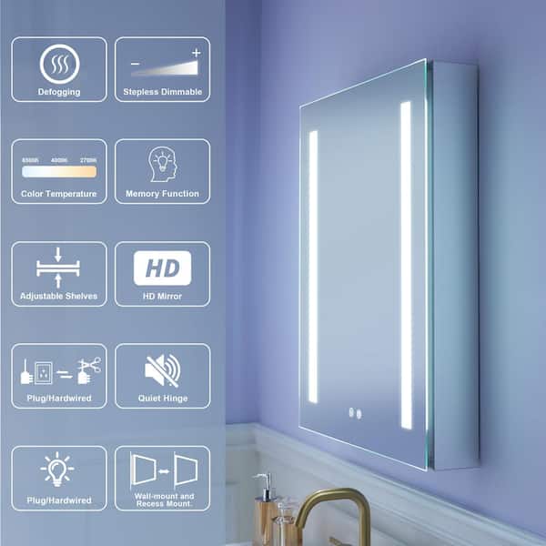 WELLFOR 24 in. W x 30 in. H Rectangular Aluminum Recessed or Surface Mount Medicine Cabinet with Mirror and Lighted, Defog,2 USB