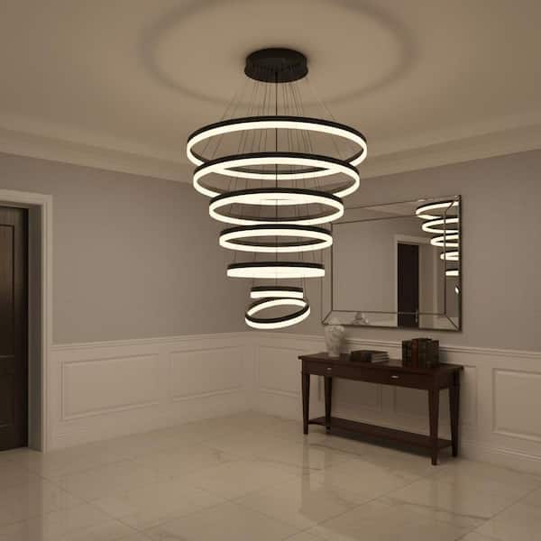 7-Light Ring Black Commercial Modern LED Chandelier, Dimmable Pendant Lighting for Hotel Lobby, Reception, High Ceilings