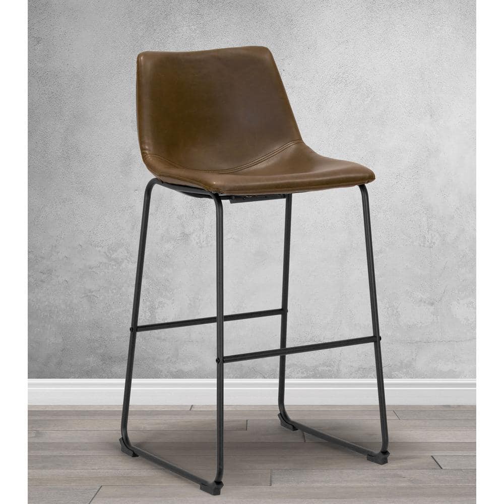 Adan Dark Brown Faux Leather Bar Stools with Metal Frame, Set of 2