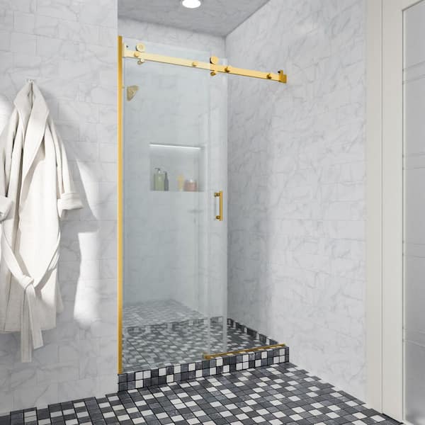 48 in. W x 76 in. H Single Sliding Frameless Shower Door/Enclosure in Gold