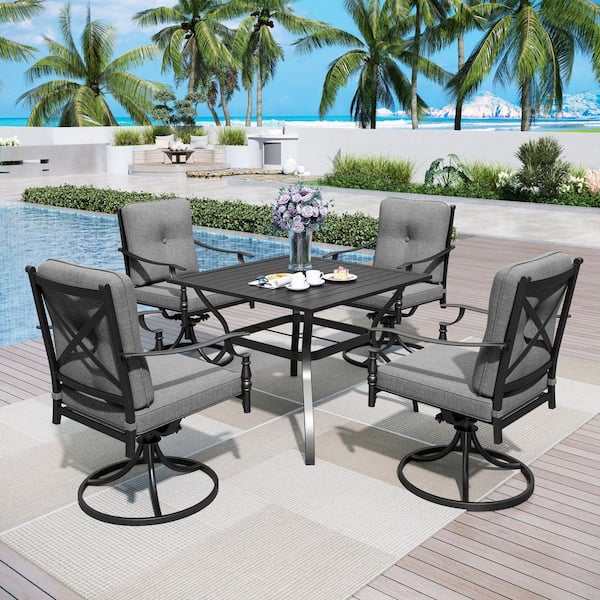 5-Piece Black Metal Patio Outdoor Dining Set with Slat Square Table and Metal Swivel Chairs with Gray Cushions